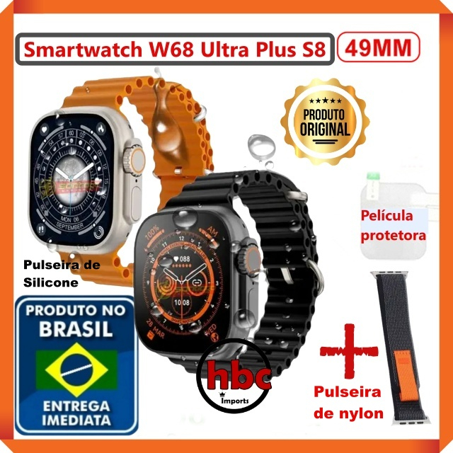 Smartwatch W68 Ultra Plus Série IWO 8 49mm Tela 2,2" GPS e com sistema NFC + Pulseira + Película Relógio Inteligente para Homens e Mulheres 2023