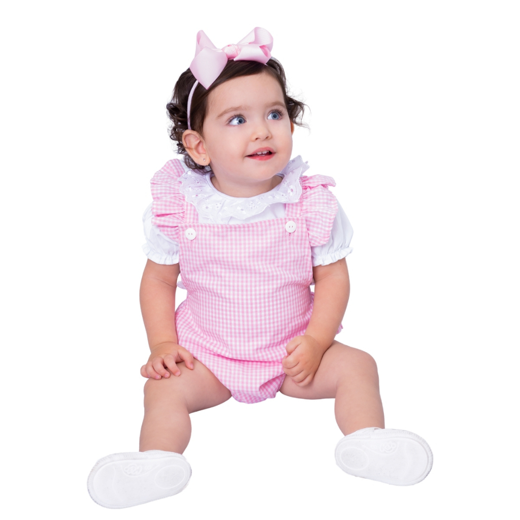 Body Jardineira Bebê Menina com Blusinha Xadrez Rosa  Luxo Mundo Nina Kids