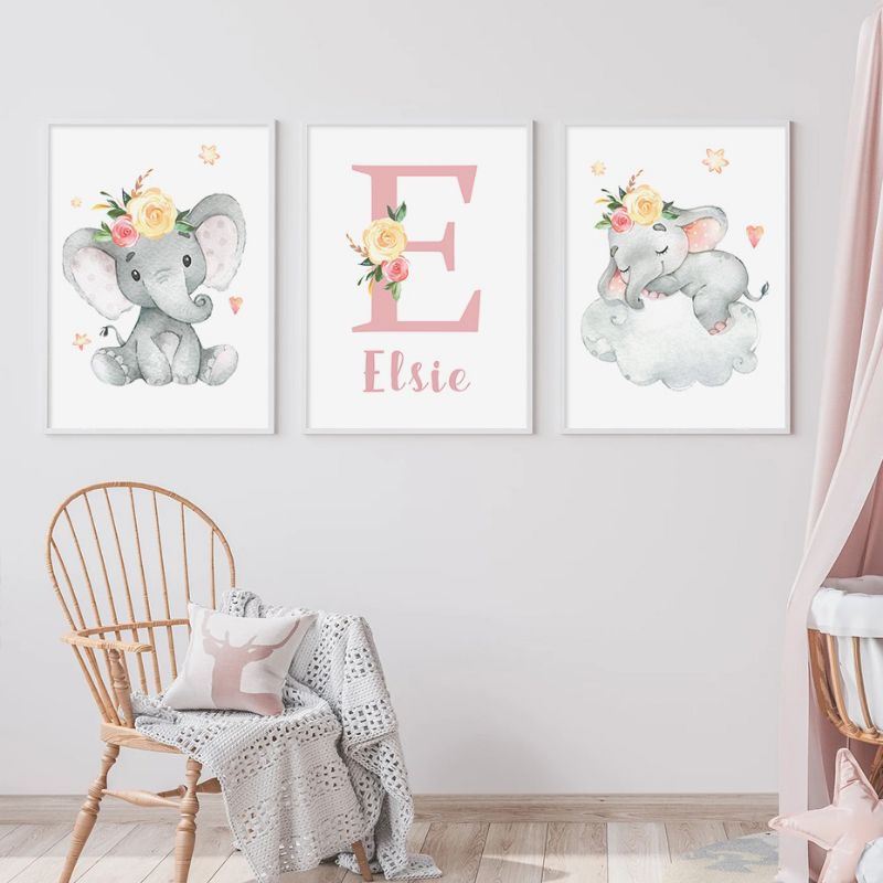 quadro decorativo infantil personalizado elefantinho princesa 3 peças