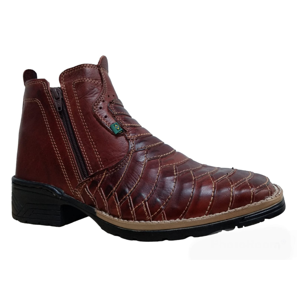 Botina Masculina Bico Quadrado Butina Costurada Trabalho Couro Escamada