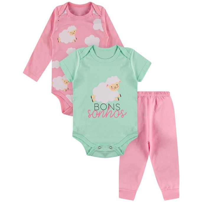 Kit Roupa De Bebe 3 Peças Body Manga Longa e Curta e Calça Algodão Menina