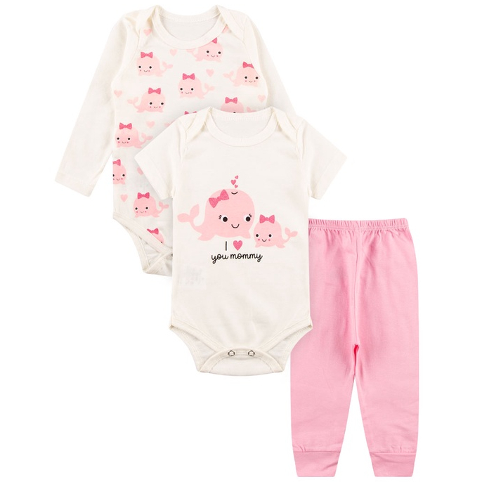 Kit Roupa De Bebe 3 Peças Body Manga Longa e Curta e Calça Algodão Menina