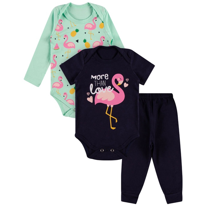 Kit Roupa De Bebe 3 Peças Body Manga Longa e Curta e Calça Algodão Menina