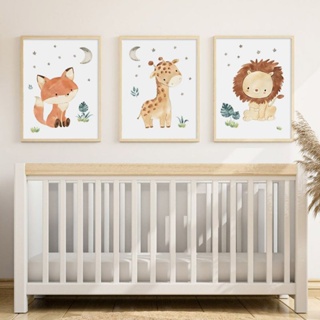 quadro decorativo infantil safari leão girafa raposa fofos 3 peças em Oferta na Shopee
