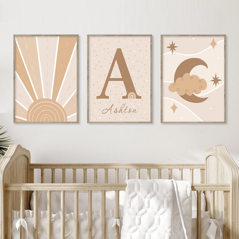 quadro decorativo infantil personalizado por do sol lua e estrelas 3 peças