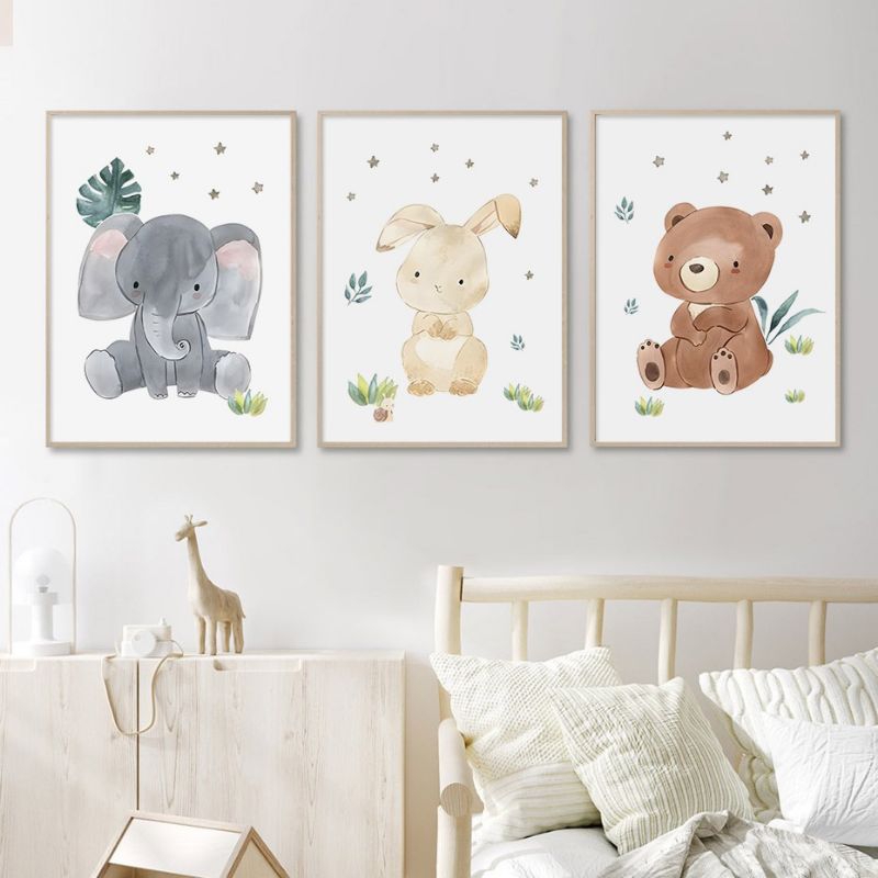 quadro decorativo infantil bichinhos fofos coelho elefante ursinho fofos 3 peças