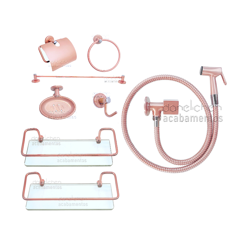Kit Banheiro Rose Gold Metal Saboneteira INOX Chuveirinho Privada Rose Gold Metal Prateleira Banheiro