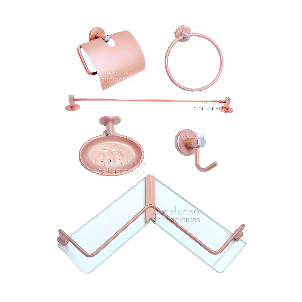 Kit de Acessórios para Banheiro com Prateleira cor Rose Gold Lavabo INOX Saboneteira INOX Rosé Papeleira com Tampa INOX Rose