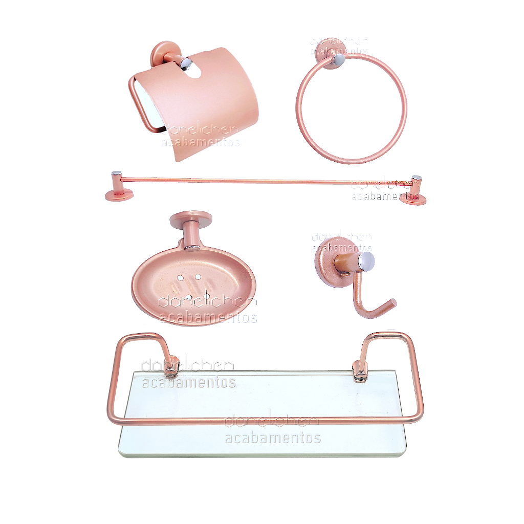 Kit Banheiro Rose Gold Acessórios em Metal Porta Shampoo Rose Gold Saboneteira INOX Papeleira com Tampa