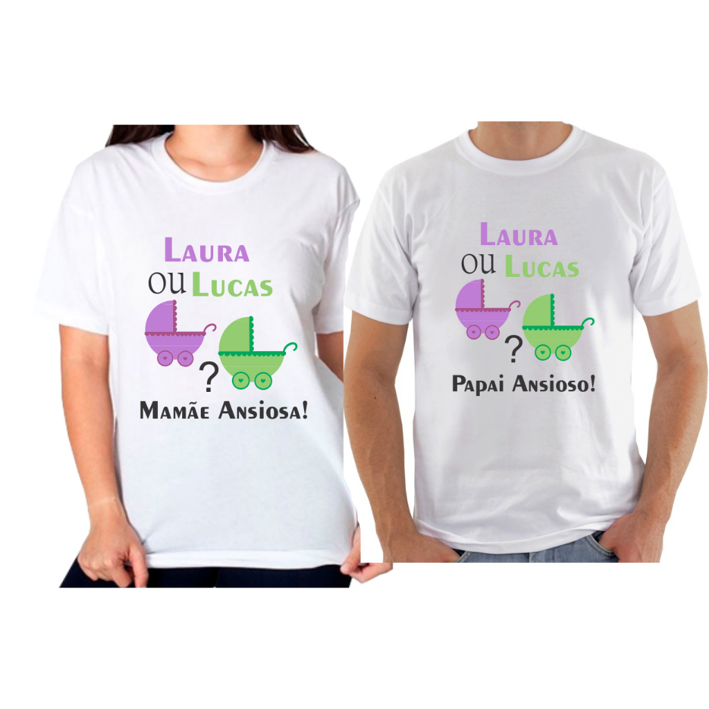 2 Camisetas chá revelação carrinhos verde e lilás personalizadas com nome