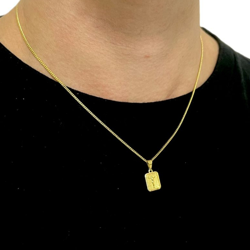 Corrente Cordão Curtinho Masculino + Pingente Cristo Retangular Banhado Ouro18k