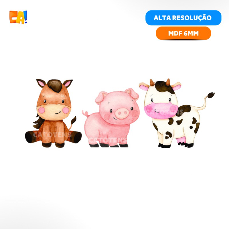 Kit 3 displays MDF Fazendinha Cavalo, Porco e Vaca 55cm, 65cm e 70cm - Totem de chão para festa Fazendinha catotens