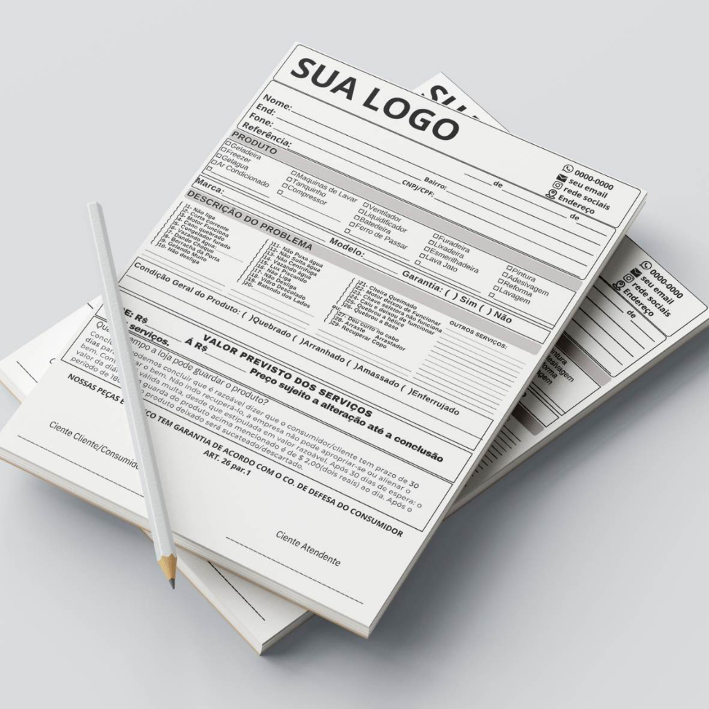 Talões Blocos Pedido Orçamento Ordem De Serviço Eletrodoméstico  A4 1,2 e 4 blocos PERSONALIZADO