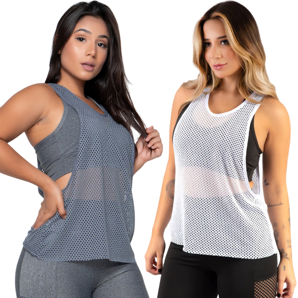 Kit 2 Regata Transparente Fitness Cavada Tela Furinho Tule Malhar Academia — imagem 1
