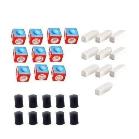 Kit 10 Giz Azul 7 Belo Original + 10 Giz Branco + 10 Virolas Taco Sinuca/Bilhar