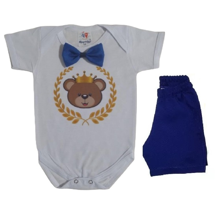 Conjunto Ursinho Príncipe Roupa Bebê Menino Mersversário Infantil Festa Aniversário Body Com Gravatinha + Shorts