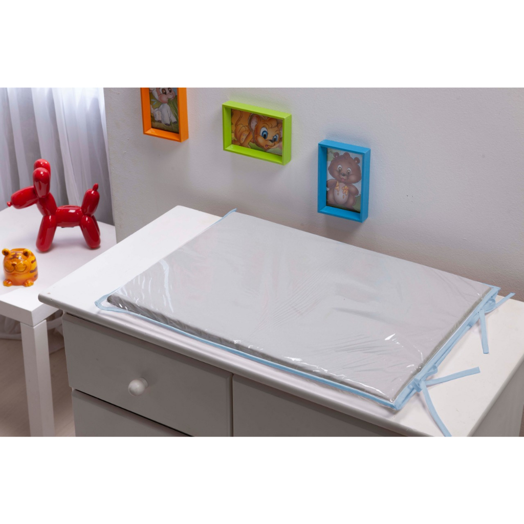 Lindo Trocador para comoda de Bebê Charme Luxo Cinza liso com Viés Azul Bebê Plastico impermeavél Protetor