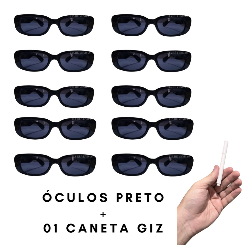 Kit 10 Oculos Vintage Retro Preto Liso + Caneta Giz Festa Balada