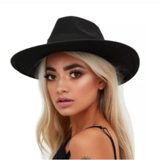 Chapéu Fedora Feltro Preto Aba Grande Faixa Lisa