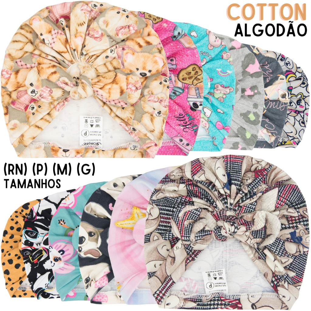 Touca Infantil Menina, Bebe, Turbante Infantil Cotton (Algodão com Elastano) Com Lacinho Removível