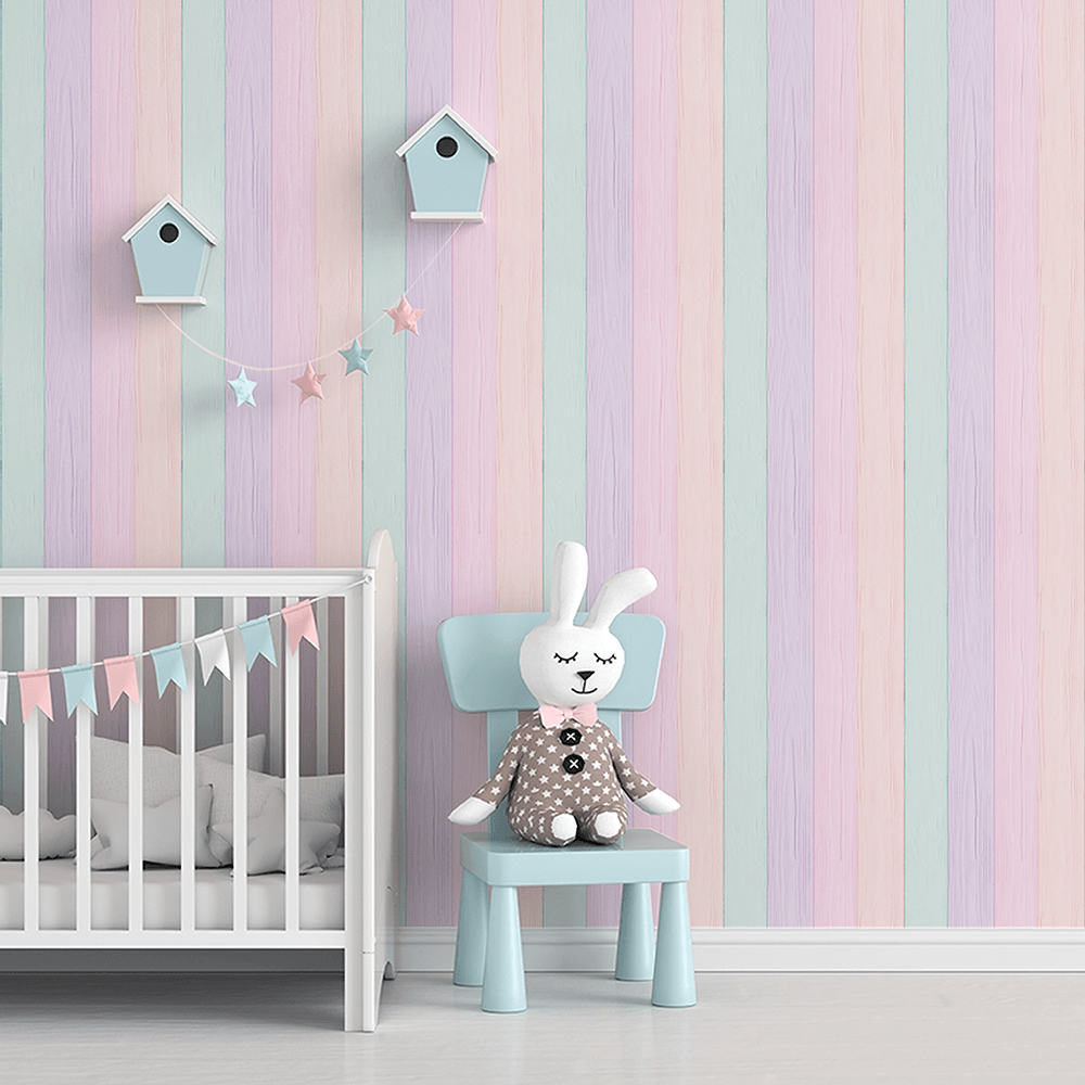 Papel de Parede Infantil Adesivo Lavável Colorido Listrado Casa de Boneca 3m x 50cm