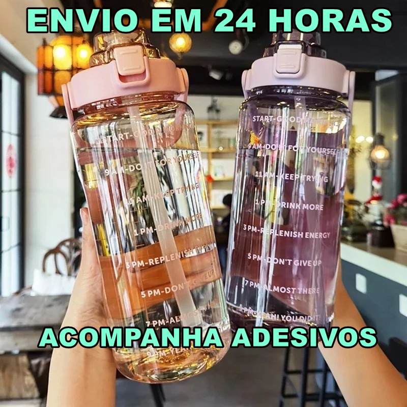 Garrafa de Água Squeeze 2 litros com Adesivos Grande Galão transparente canudo Academia Po...