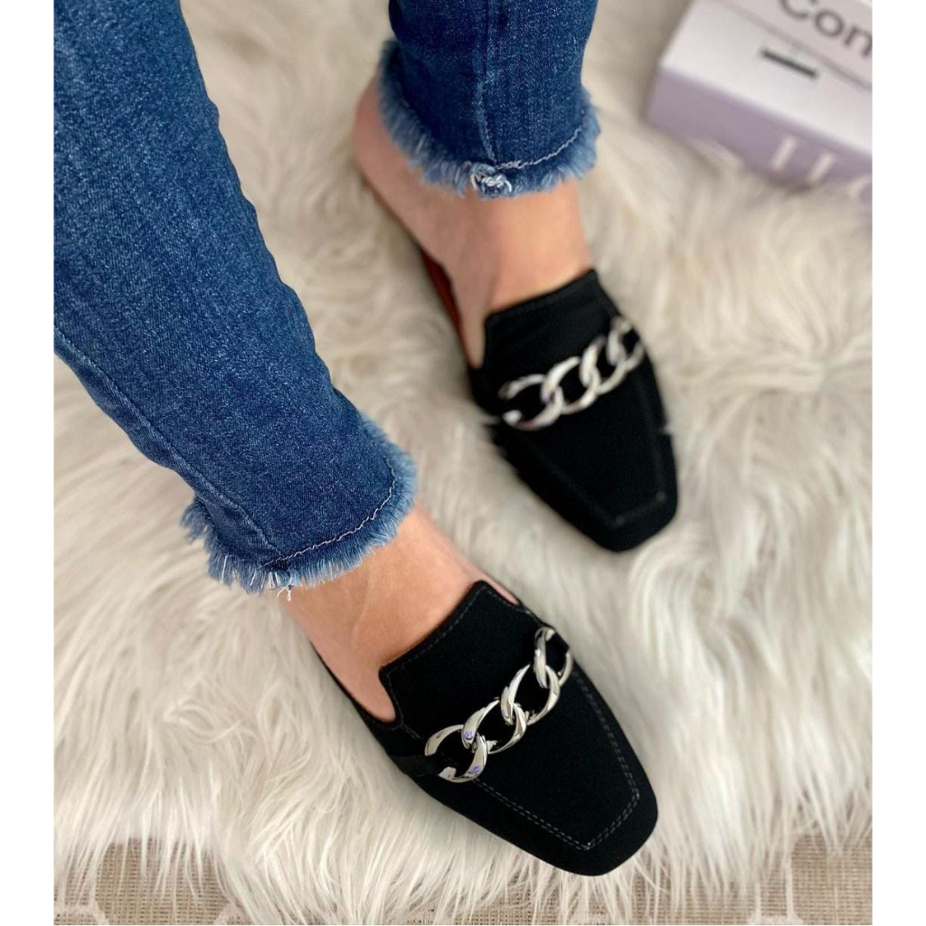 Mule Feminino Bico Quadrado Corrente Muller Elegante