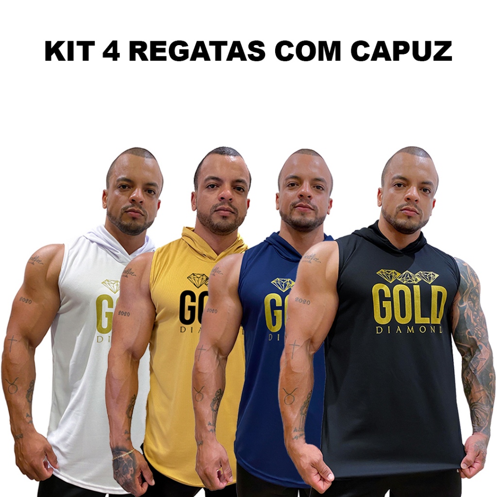 Kit com 4 Regatas Masculina machão Longline Dry com Capuz Gold Diamond