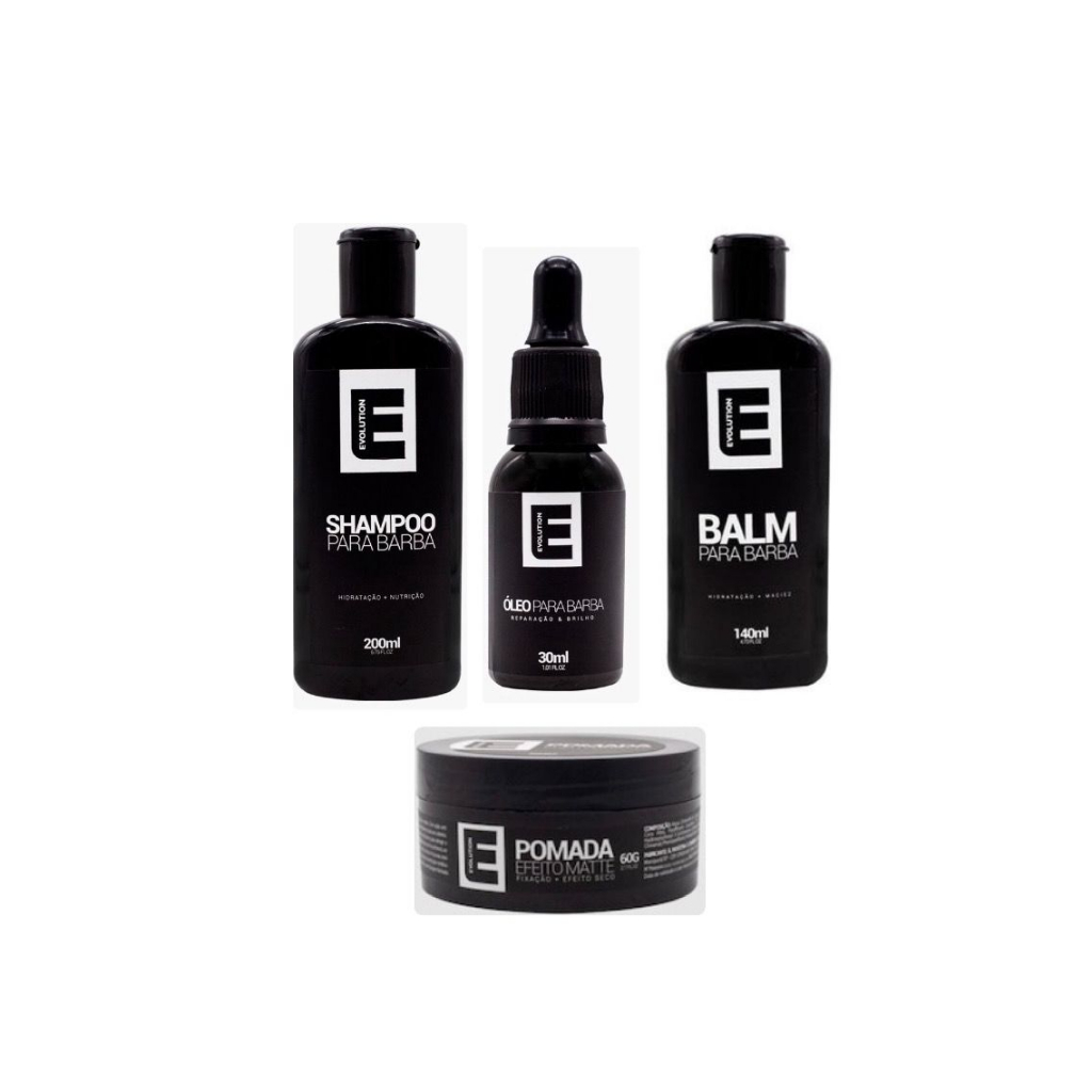 Kit 1 Shampoo para Barba 200ml, 1 Balma para Barba 140ml, 1 Óleo para Barba 30ml, 1 Pomada Efeito Matte 60g