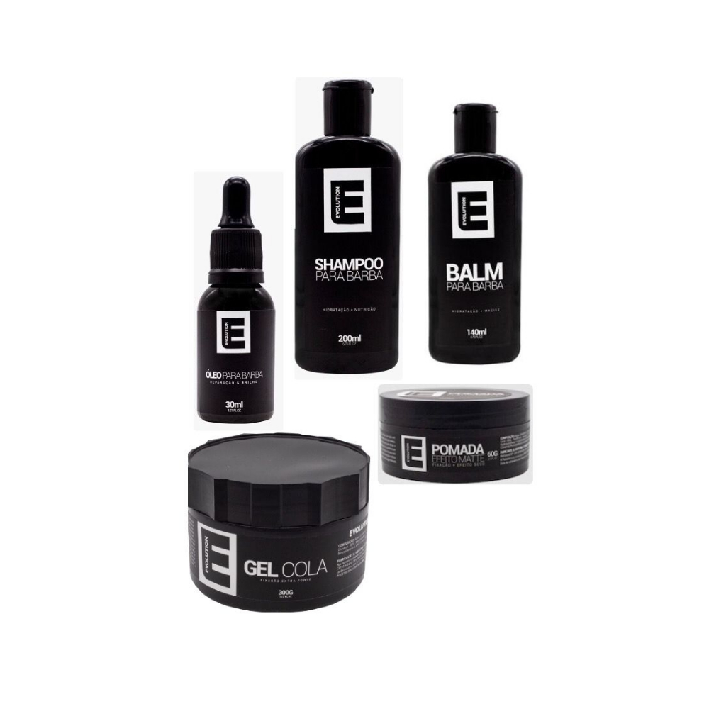 Kit 1 Shampoo para Barba, 1 Balm para Barba, 1 Óleo para Barba, 1 Pomada Efeito Matte, 1 Gel Cola - Linha Evolution