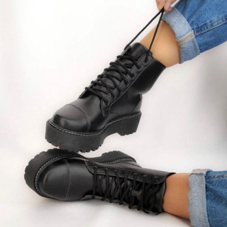 Coturno Feminino Tratorado Bota Preta Lisa Original Tratorada
