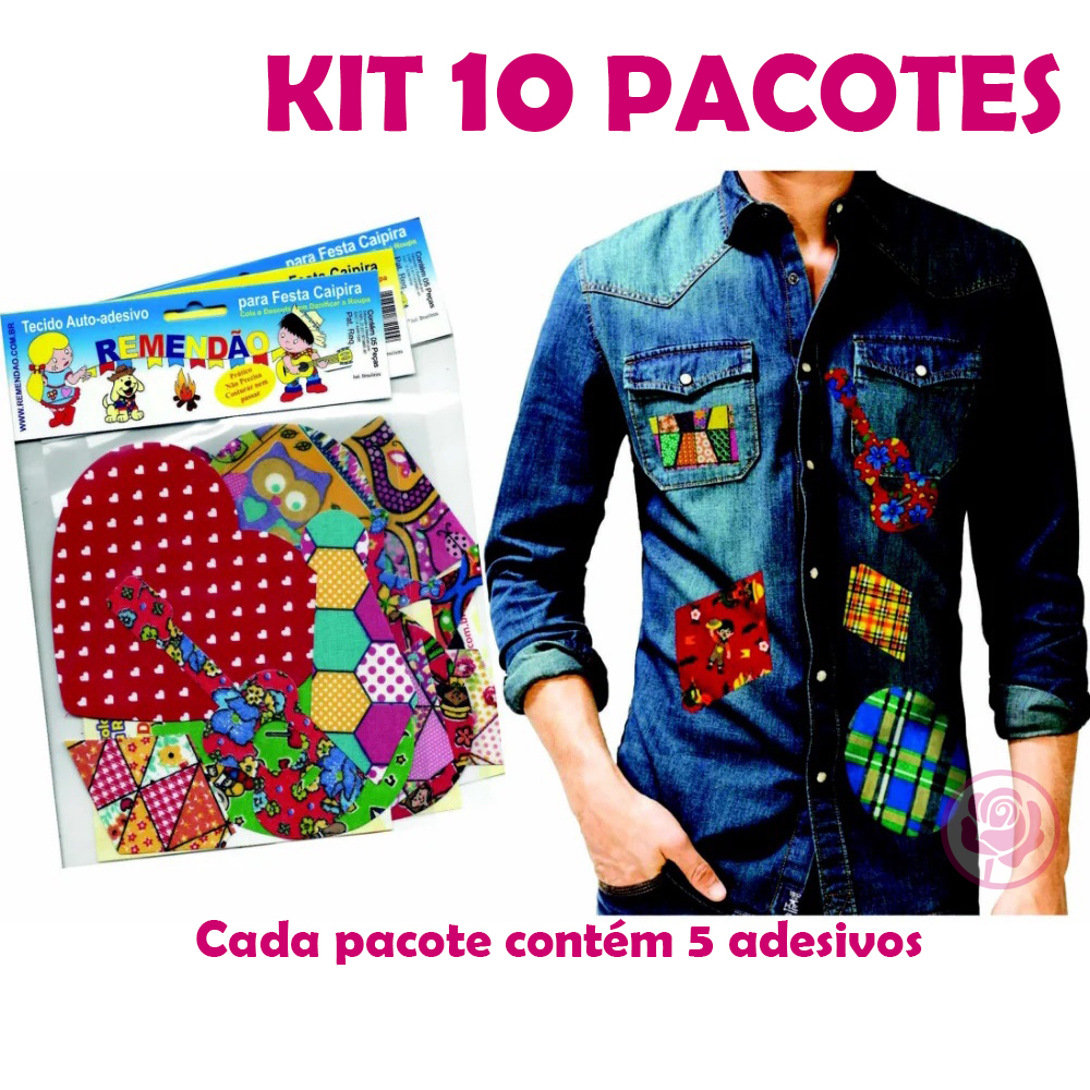 Kit 10 Pacotes de Aplique Tecido Auto Adesivo Retalho Junina Remendo Remendão Quadrilha Caipira