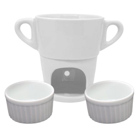 Kit Fondue Individual + 2 Ramequim Porcelana Branca Queijo Chocolate Caneca Aparelho