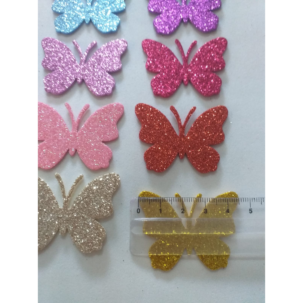 Borboleta Eva Glitter (emborrachado com brilho) 4,5 Cm Aplique para Bolo Fake 40 e 80 Unidades