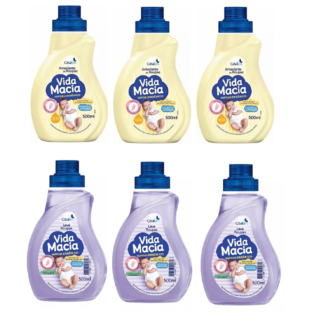 Kit Vida Macia 500ml cada - Bebê 3 Lava Roupas liquido + 3 Amaciante Camomila