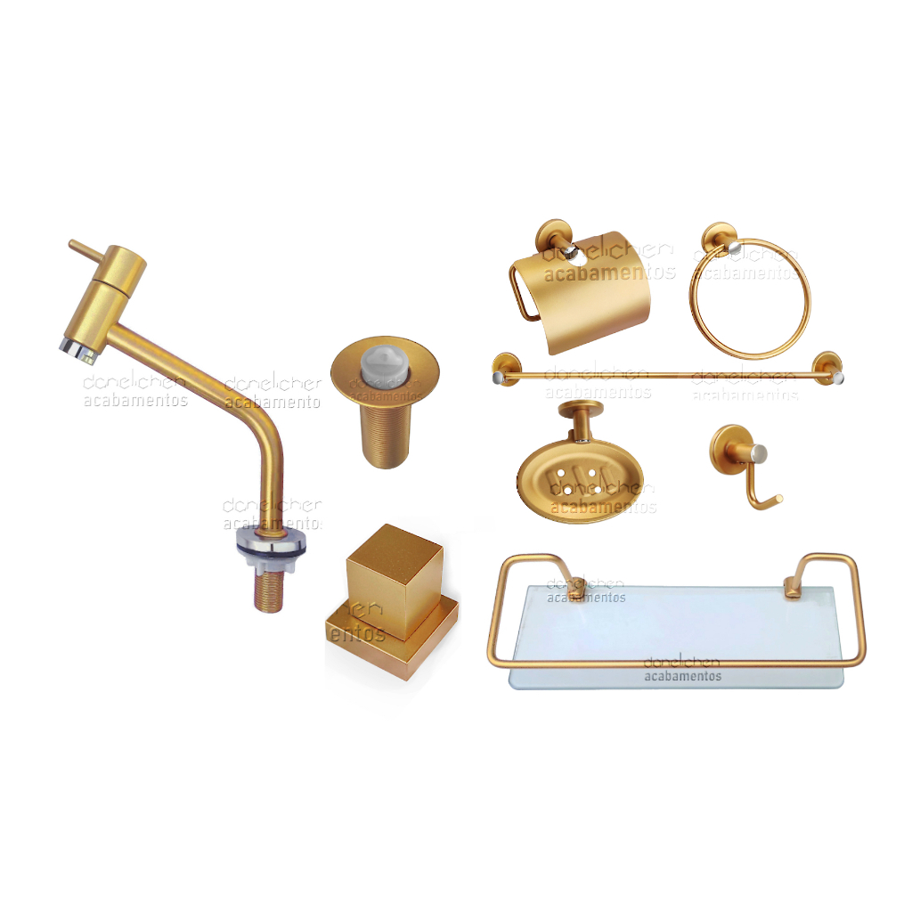 Kit Banheiro Completo Para Banheiro em Metal Cor Dourado Torneira Banheiro Dourada Porta Shampoo Dourado Válvula Pia Dourada Papeleira INOX