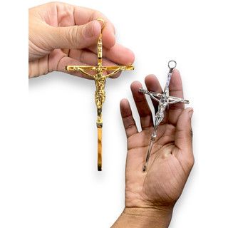 Crucifixo com Cristo Parede Metal 14cm Dourado e Prateado