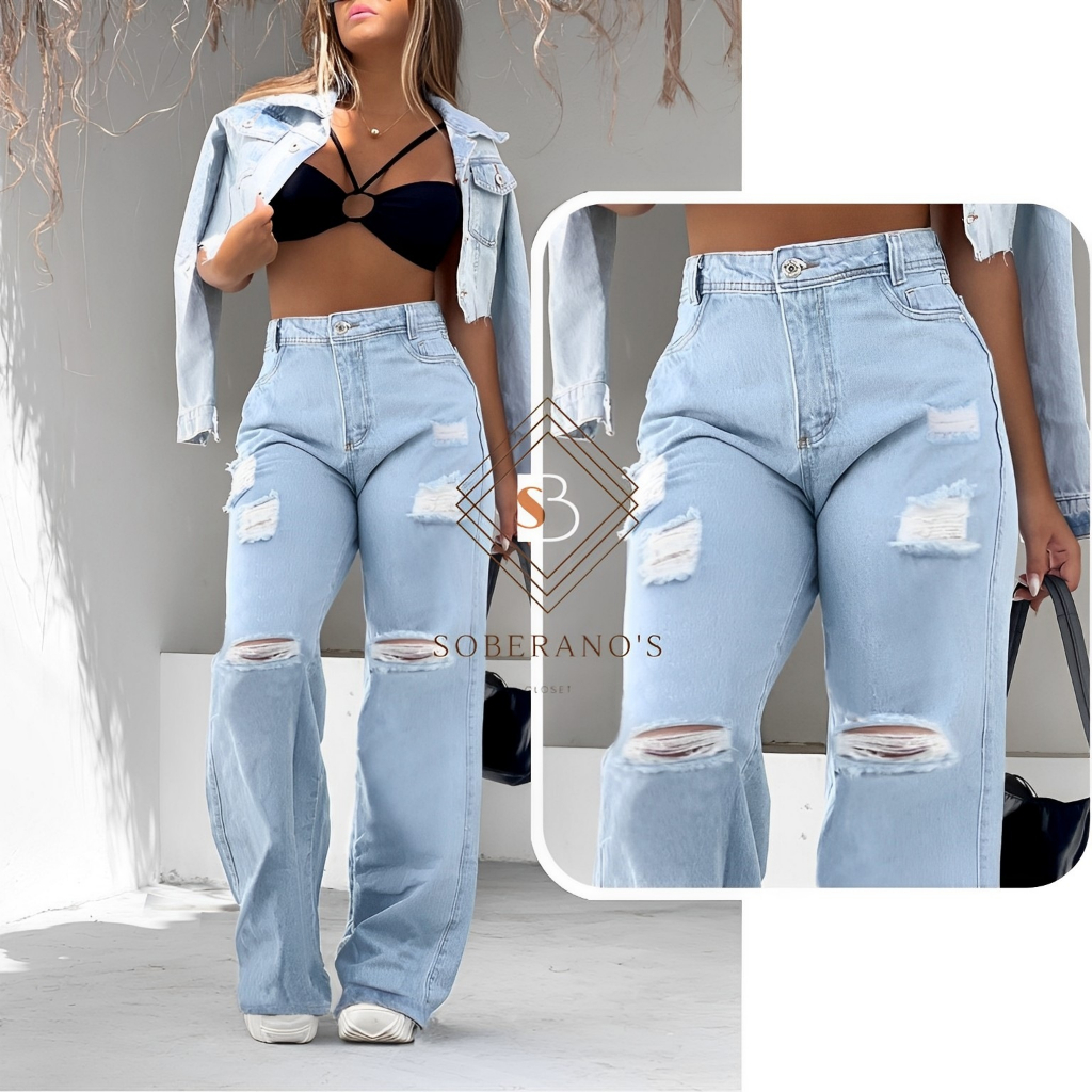 Calça Jeans Feminina Wide Leg rasgada pantalona