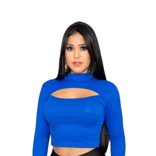 Cropped Gola Alta Canelado Manga Longa c/ decote De Frio Inverno Lindo
