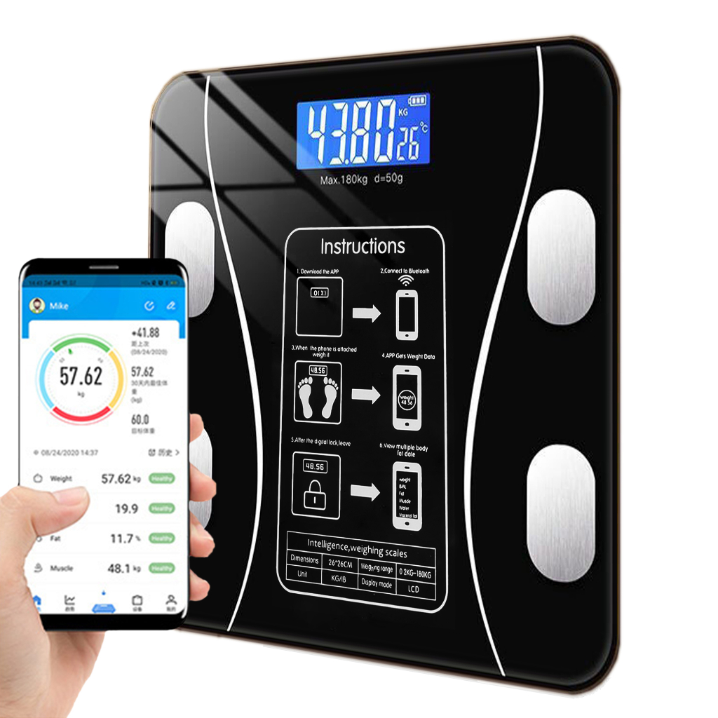 [USB Recarregável] Balança USB Digital Bioimpedância 180KG Display Lcd Bluetooth Aplicativo Fitness Treino Balança De Banheiro USB/Pilhas Inclusa Preto