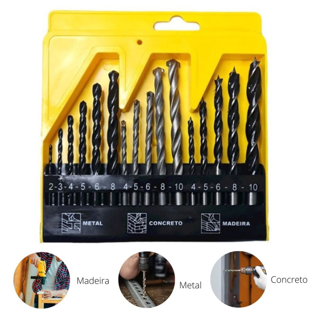 Kit Jogo De Brocas Estojo 16 Peças Madeira Metal Concreto Fertak