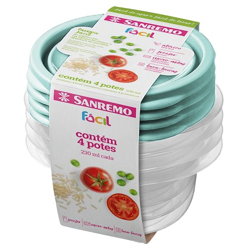 Conjunto 4 Potes Plásticos Redondos Sanremo 230ml BPA Free Porta Frutas Fitness Vasilha Microondas Cozinha Freezer Geladeira Tampa Hermética