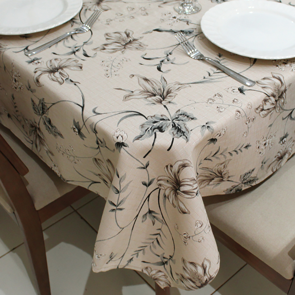 Toalha de Mesa Retangular 6 Lugares Linhão Estampado 2,20m X 1,40m Sala/Jantar Floral Cinza