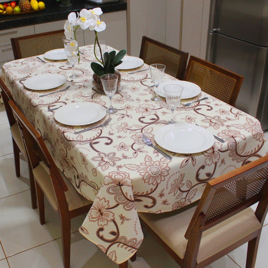 Toalha de Mesa Retangular 6 Lugares Linhão Estampado 2,20m X 1,40m Sala/Jantar Floral Marrom