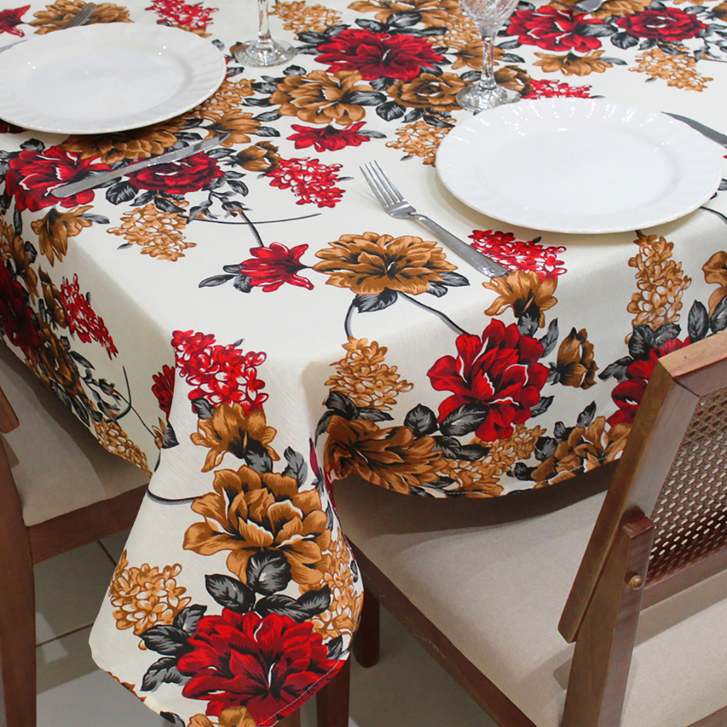 Toalha de Mesa Retangular 6 Lugares Linhão Estampado 2,20m X 1,40m Sala/Jantar Floral Vermelho