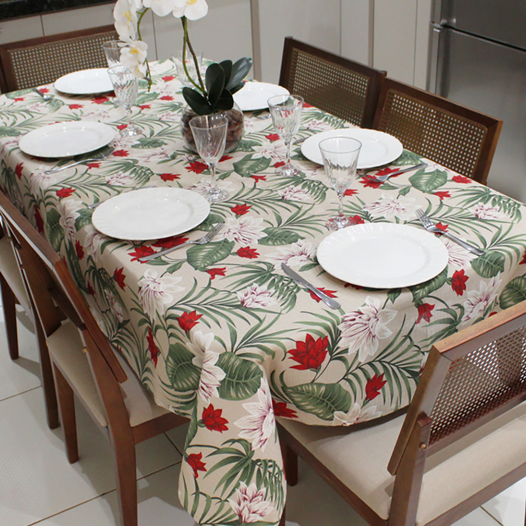 Toalha de Mesa Retangular 6 Lugares Linhão Estampado 2,20m X 1,40m Sala/Jantar Folhas Verde
