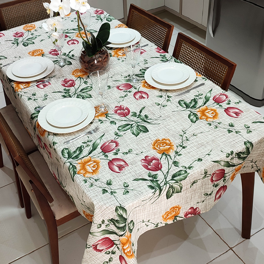 Toalha de Mesa Retangular 6 Lugares Linhão Estampado 2,20m X 1,40m Sala/Jantar Tulipas