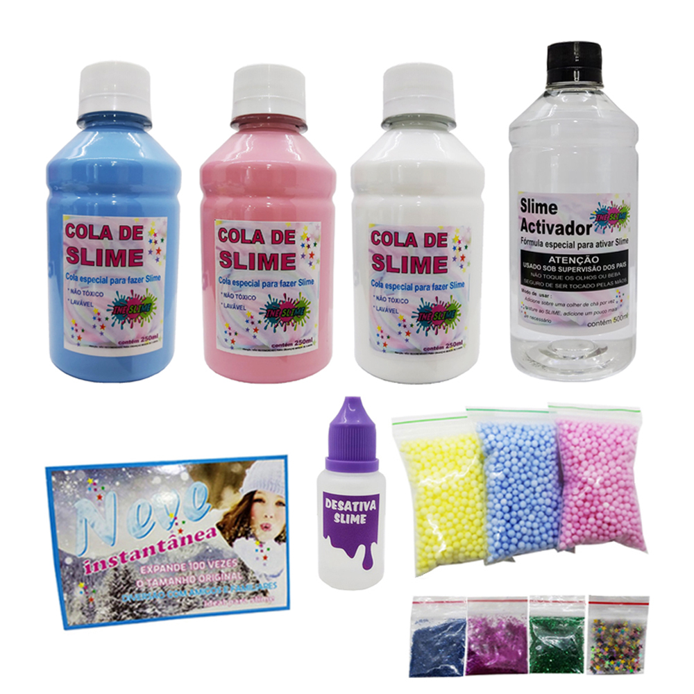 MINI KIT SLIME COM DESATIVADOR ATIVADOR COLA AZUL ROSA BRANCA E NEVE ARTIFICIAL