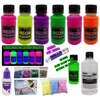 KIT SLIME NEON SUPER DIVERTIDO BRILHA NO ESCURO ACOMPANHA LUZ NEGRA em Oferta na Shopee