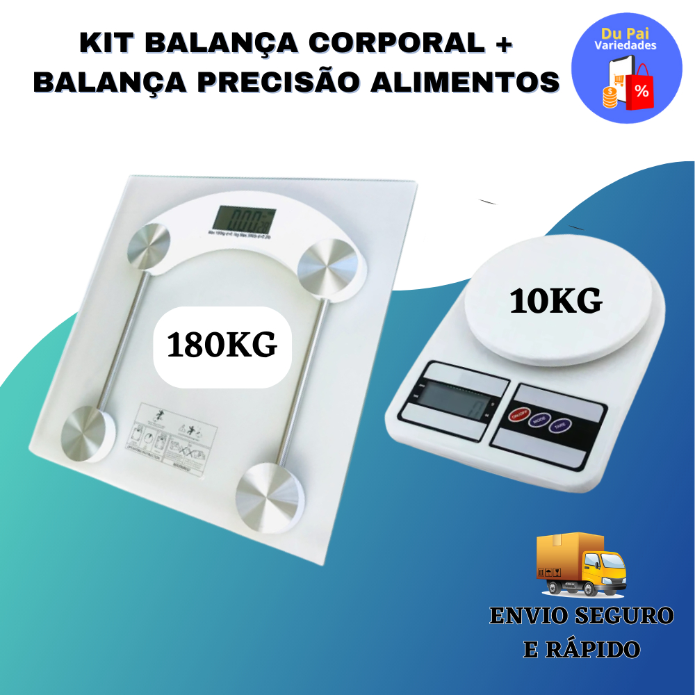 Kit Balança Banheiro Digital Corporal 180 Kg + Balança Digital De Precisão Cozinha 10kg Nutrição E Dieta